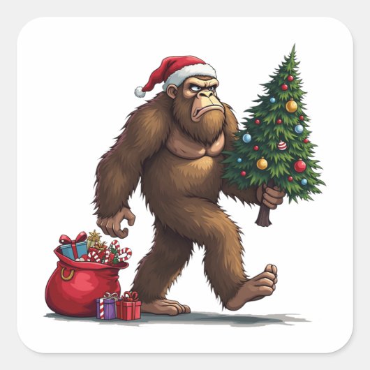Santa Bigfoot Kerstboom kerstverlichting Vierkante Sticker (Voorkant)