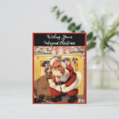 Santa bij open haard met Puppies  Retro Feestdagenkaart (Staand voorkant)