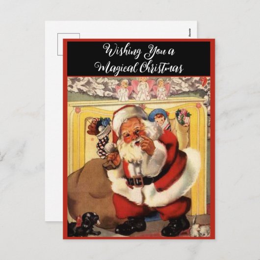 Santa bij open haard met Puppies Retro Feestdagenkaart (Voorkant / Achterkant)