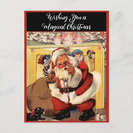Santa bij open haard met Puppies  Retro Feestdagenkaart (Voorkant)