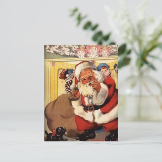 Santa bij open haard met puppy Retro Briefkaart (Staand voorkant)