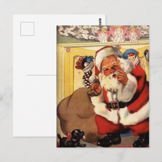 Santa bij open haard met puppy  Retro Briefkaart (Voorkant / Achterkant)