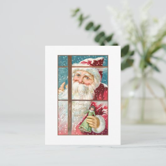  Santa bij Snowy Window Briefkaart (Staand voorkant)