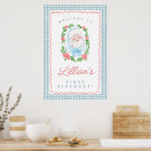 Santa Birthday Sign with Blue Gingham and Roses Poster (Keuken)
