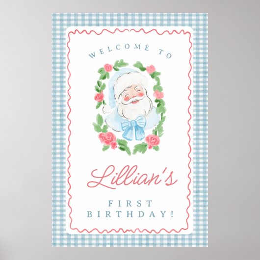 Santa Birthday Sign with Blue Gingham and Roses Poster (Voorkant)