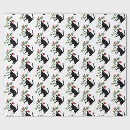 Santa Black Cat Red Bird Kerstpapier Cadeaupapier