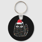 Santa Black Cat Tangled Up In Christmas Cat Lover Sleutelhanger (Voorkant)