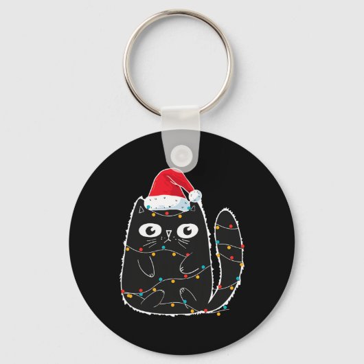 Santa Black Cat Tangled Up In Christmas Cat Lover Sleutelhanger (Voorkant)