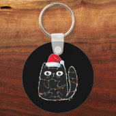 Santa Black Cat Tangled Up In Christmas Cat Lover Sleutelhanger (Voorkant)