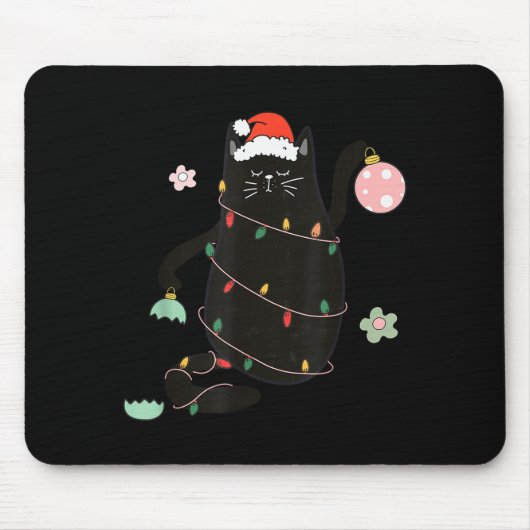 Santa Black Cat Tangled Up In Christmas Tree Light Muismat (Voorkant)