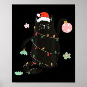 Santa Black Cat Tangled Up In Christmas Tree Light Poster (Voorkant)