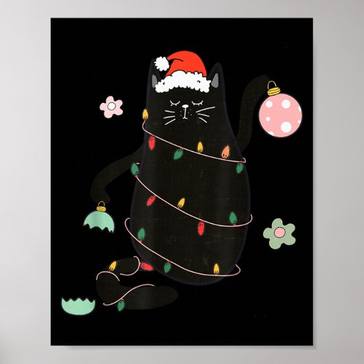 Santa Black Cat Tangled Up In Christmas Tree Light Poster (Voorkant)