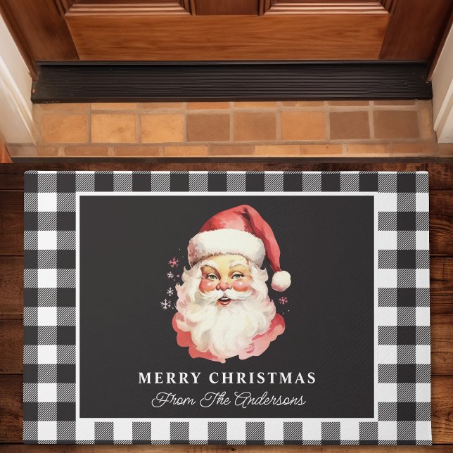  Santa Black Gingham gepersonaliseerde kerst Deurmat (Creator heeft geüpload)