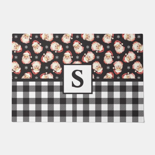 Santa Black Gingham Monogrammed Christmas Deurmat (Voorkant)