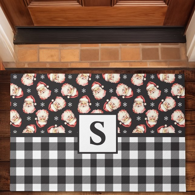  Santa Black Gingham Monogrammed Christmas Deurmat (Creator heeft geüpload)