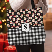 Santa Black Gingham Monogrammed Christmas Tote Bag