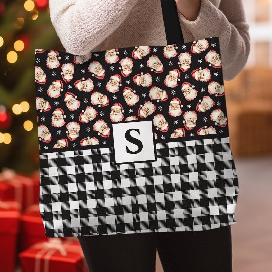 Santa Black Gingham Monogrammed Christmas Tote Bag