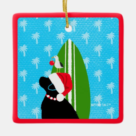 Santa Black Lab Surfboard Hond Kerstversiering Keramisch Ornament (Voorkant)