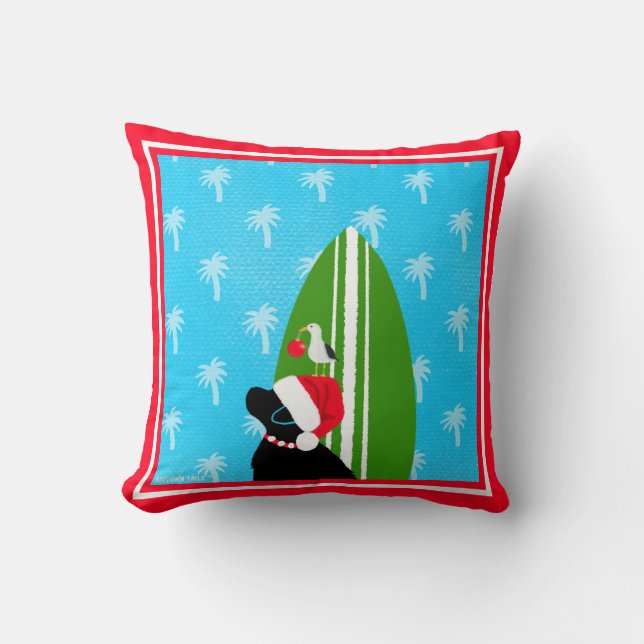 Santa Black Lab Surfplank Hond Zeemeeuw Kerstmis Kussen (Voorkant)