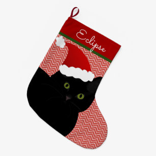 Santa Black Short Hair Cat Green Eyes, persoonlijk Grote Kerstsok