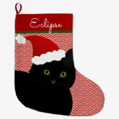 Santa Black Short Hair Cat Green Eyes, persoonlijk Grote Kerstsok (Voorkant)
