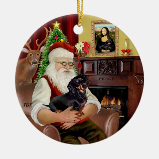 Santa-Black-Tan teckel (glad) Keramisch Ornament (Voorkant)