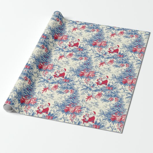  Santa Blue Christmas Tree Toile Wrap Cadeaupapier (Uitgerold)