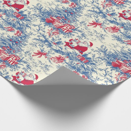  Santa Blue Christmas Tree Toile Wrap Cadeaupapier (Hoek)