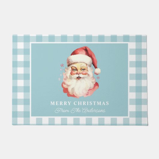 Santa Blue Gingham gepersonaliseerde kerst Deurmat (Voorkant)