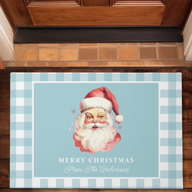  Santa Blue Gingham gepersonaliseerde kerst Deurmat (Creator heeft geüpload)