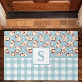 Santa Blue Gingham Monogrammed Christmas Deurmat