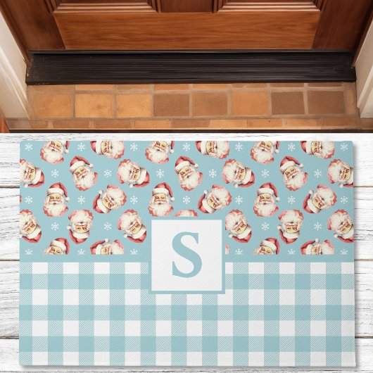 Santa Blue Gingham Monogrammed Christmas Deurmat