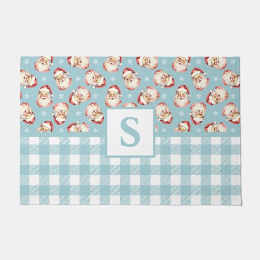 Santa Blue Gingham Monogrammed Christmas Deurmat (Voorkant)