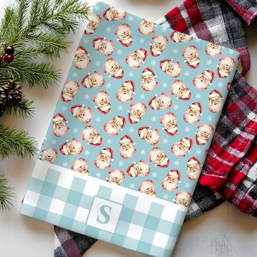 Santa Blue Gingham Monogrammed Christmas Theedoek