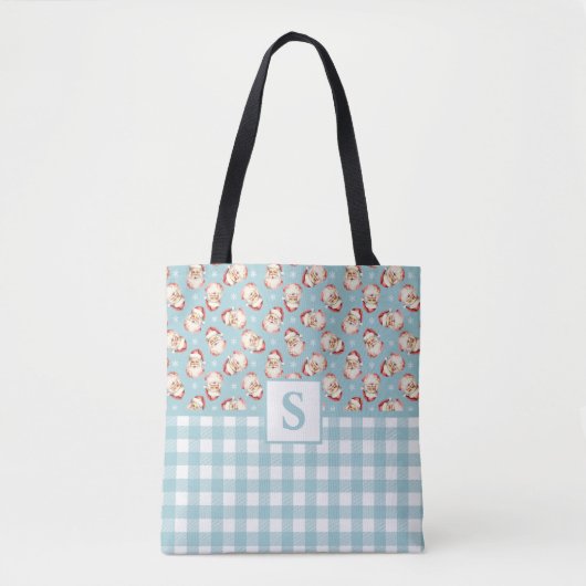  Santa Blue Gingham Monogrammed Christmas Tote Bag (Voorkant)