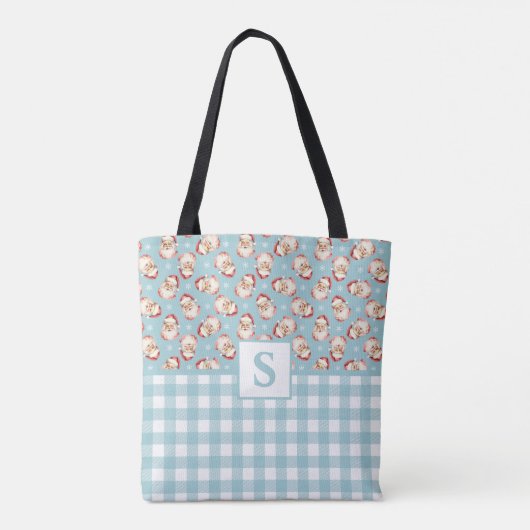  Santa Blue Gingham Monogrammed Christmas Tote Bag (Achterkant)