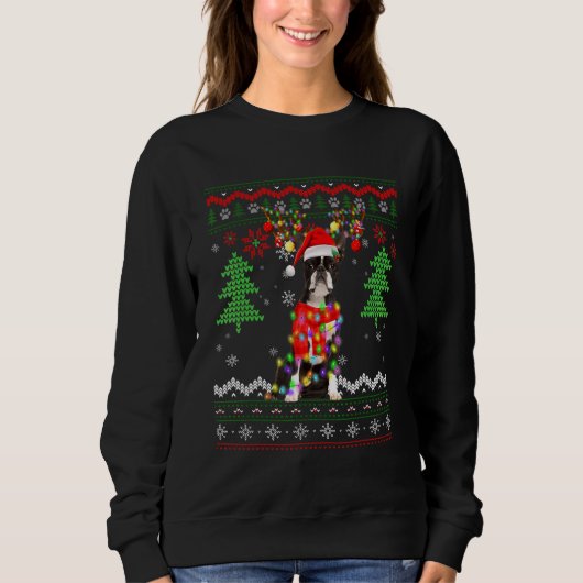 Santa Boston Terrier Dog Kerstmis verlicht Ugly Xm Trui (Voorkant)