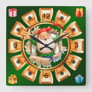 Santa Breaking Through ~ Merry Kerstmis ~ Vierkante Klok