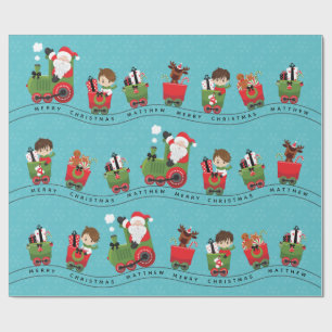 Santa & Brunette Boy op trein Cadeaupapier