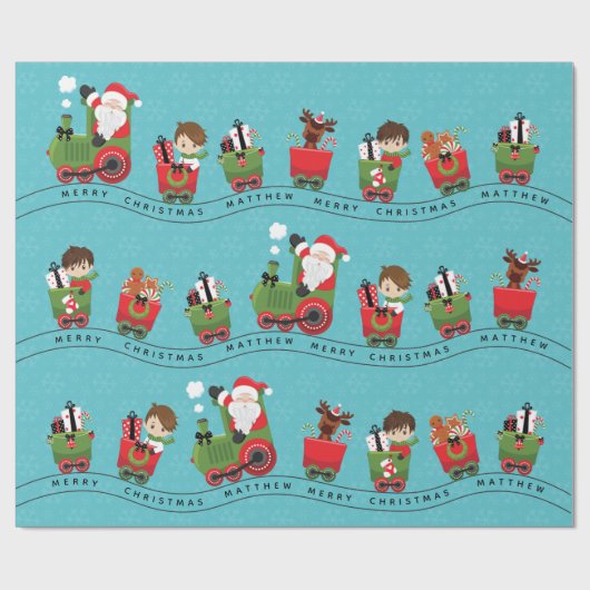 Santa & Brunette Boy op trein Cadeaupapier (Vlak)