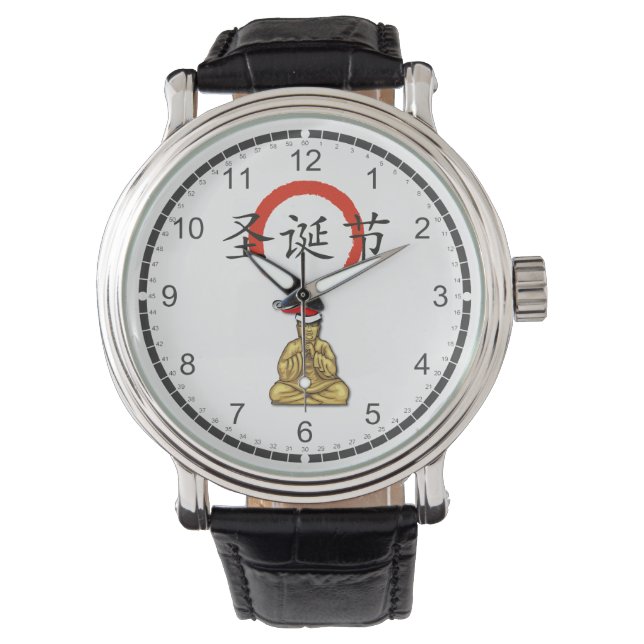 Santa Buddha Happy Kerstmis Horloge (Voorkant)