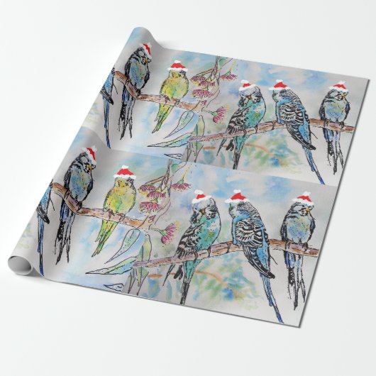 Santa Budgie Budgies Floral Pattern Wrapping Paper Cadeaupapier (Uitgerold)