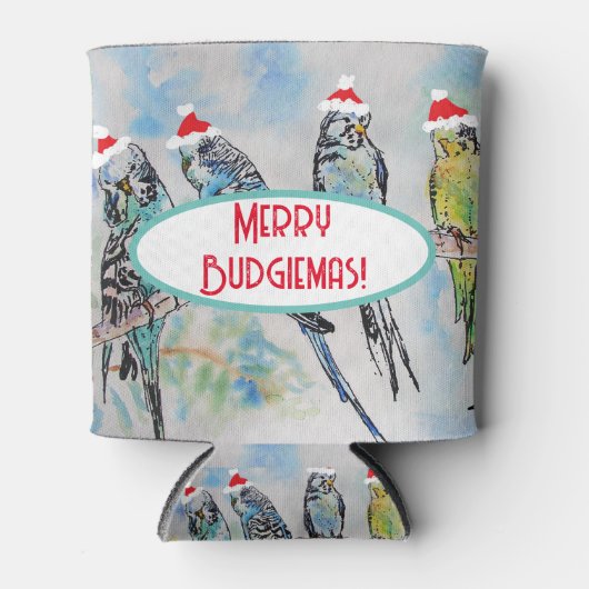 Santa Budgie Kerst Waterverf Schilderij Vogel Blikjeskoeler (Voorkant)