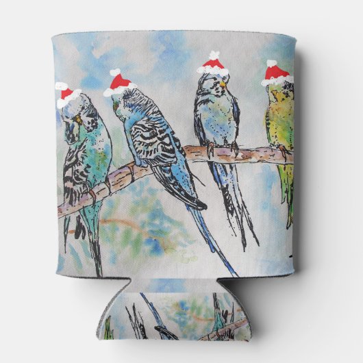 Santa Budgie Kerst Waterverf Schilderij Vogel Blikjeskoeler (Achterkant)