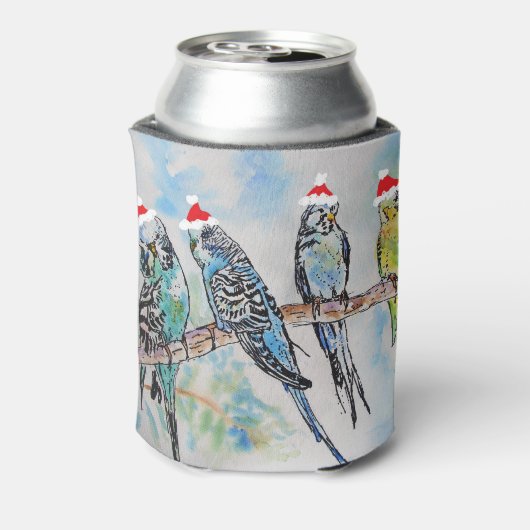 Santa Budgie Kerst Waterverf Schilderij Vogel Blikjeskoeler (Blikje Achterkant)