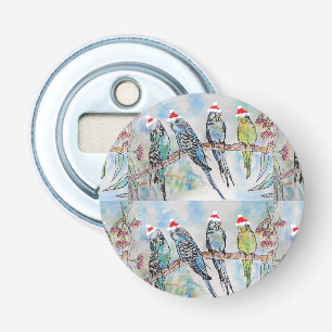 Santa Budgie Kerst Waterverf Schilderij Vogel Button Flesopener
