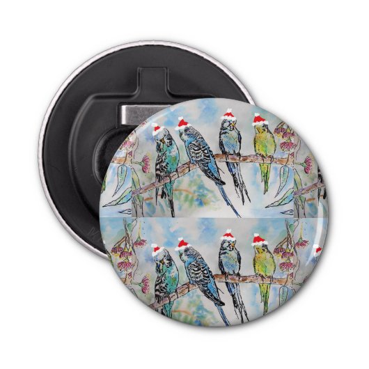 Santa Budgie Kerst Waterverf Schilderij Vogel Button Flesopener (Voorkant)