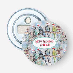Santa Budgie Kerst Waterverf Schilderij Vogel Button Flesopener