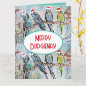 Santa Budgie Kerst Waterverf Schilderij Vogel Kaart (Gele Bloem)