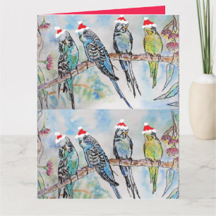 Santa Budgie Kerst Waterverf Schilderij Vogel Kaart